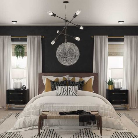 Mid Century Modern Bedroom Interior Designer Ideas | Havenly Master Bedrooms Unique, Zen Coastal Bedroom, Office Room Lighting Ideas, Expresso Bedroom Furniture Ideas, Boho Chic Master Bedrooms Decor, Bedroom Paint Inspirations Master, Black Master Bedrooms Decor Cozy, One Dark Wall Bedroom, Accent Wall With Window Bedrooms