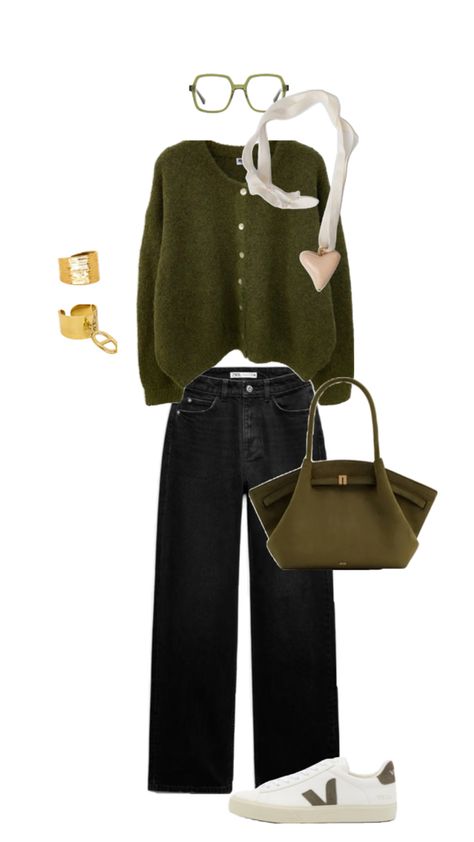 How To Style A Green Sweater, Green Sweater With Jeans, Olive Cardigan Outfit, Olive Green Cardigan Outfit, Green Sweater Outfit Winter, Kakis Pants Outfit, Green Sweater Outfit, Winter Fashion Outfits Casual, Transition Outfits