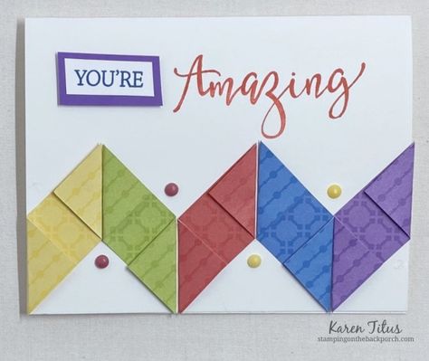 Chevron Folds for Easy Fun Fold Cards! — KarenTitus.com Chevron Fold Card, Arrow Fold Card Tutorial, Zig Zag Folds, Double Arrowhead Fun Fold Card, Easy Fun Fold Cards, Arrow Fold Card, Chevron Cards, Stamping Techniques Card Tutorials, Handmade Greeting Card Designs