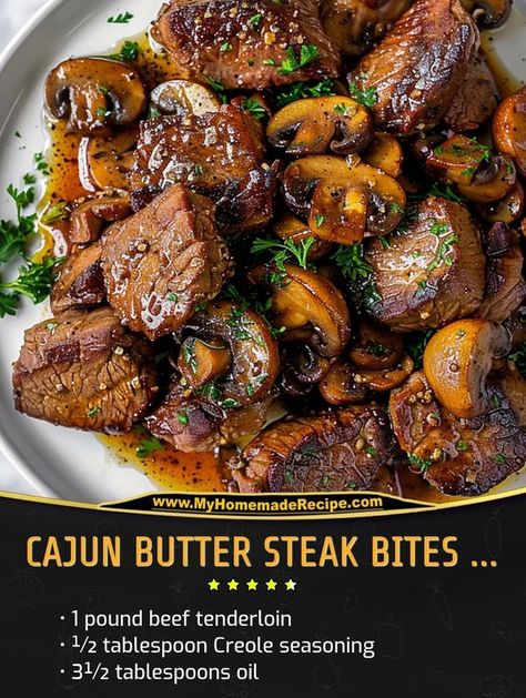 Tenderloin Steak Recipes, Steak Bites With Mushrooms, Cajun Butter Steak, Butter Steak Bites, Cajun Butter, Garlic Beef, Tenderloin Steak, Butter Steak, Steak Butter