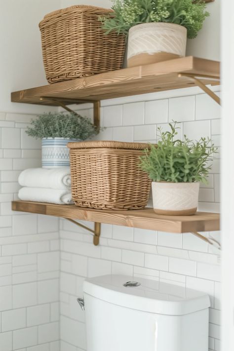 17 Creative Small Bathroom Shelf Ideas That Look Gorgeous Window Over Toilet, Above Toilet Ideas, Over Toilet Storage Ideas, Over Toilet Decor, Behind Toilet Storage, Shelves Behind Toilet, Bathroom Over The Toilet Storage, Over The Toilet Storage Ideas, Toilet Storage Ideas