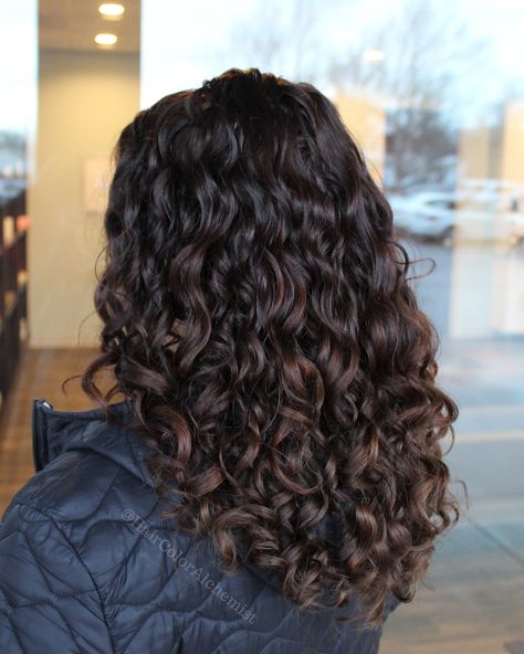 DevaCut and transformation. Natural Curly Layered Haircut, Dark Brown Natural Curly Hair With Low Lights, Haïr Cut For Long Curly Hair, U Shape Curly Haircut, Dark Chocolate Curly Hair, Long Hair Natural Curls, Lose Curly Hair, Cute Curly Hair Cuts, Curly Hair Cuts Shoulder Length