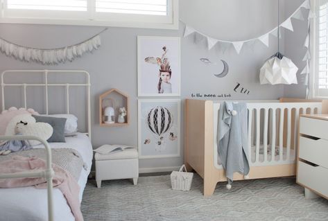 Brother Sister Shared Room Ideas, Baby And Kids Room Shared, Main Bedroom Shared Nursery, Sister Brother Room Shared Bedrooms, Bed And Cot Bedroom, Baby Boy And Girl Shared Room, Grey Childrens Bedroom, Toddler And Baby Room Sharing, Kid And Baby Room Shared