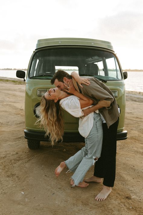 fun couples session at the beach with a vintage VW bus Vw Bus Photoshoot, Vw Bus Photography, Van Photoshoot, Bus Photoshoot, Boots Photoshoot, Merry People, Adventure Photoshoot, Sleep In Car, Car Photoshoot