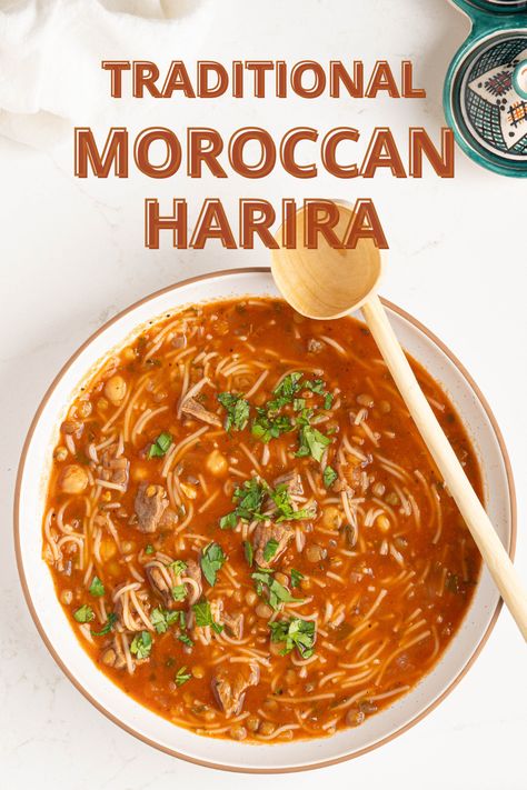 Moroccan Soup Harira, Moroccan Harira Soup, Ramadan Soup Recipes, Harira Soup Morocco, Moroccan Food Traditional, Ramadan Soup, Morocco Recipes, Lamb Stew Meat, Moroccan Food Recipes