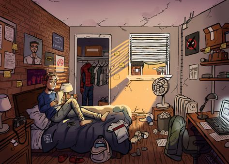 ArtStation - Peter Parker's Room, Dylan B. Caleho Spiderman Room Decor, Spiderman Room, Storyboard Ideas, Foto Top, Small Room Decor, Blue Beetle, Parker House, Marvel Spiderman Art, Pokemon Teams