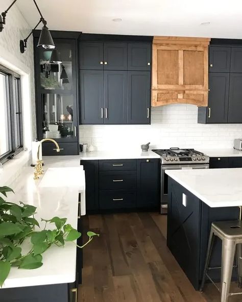 Bm Soot Kitchen Cabinets Soot Benjamin Moore Cabinets, Soot Benjamin Moore, Benjamin Moore Kitchen, Hood Vent, Beautiful Kitchen Designs, Benjamin Moore Paint, Industrial Farmhouse, Kitchen Paint, Black Kitchens