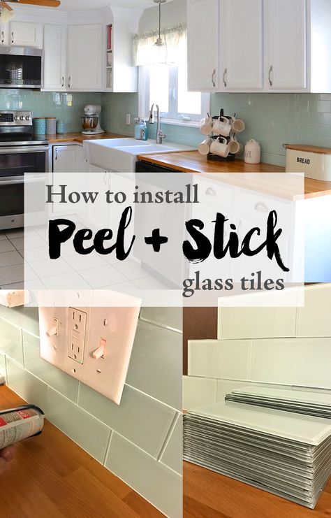 How to install Peel and Stick Glass Tiles yourself. DIY kitchen renovation. Tutorial on how to cut peel and stick glass tile. Kitchen glass tile backsplash. Farmhouse kitchen. Glass Tiles Kitchen, Interior Materials, Stick Backsplash, Diy Kitchen Renovation, Kitchen Glass, Glass Tile Backsplash, Future Kitchen, Tile Kitchen, Boho Cottage