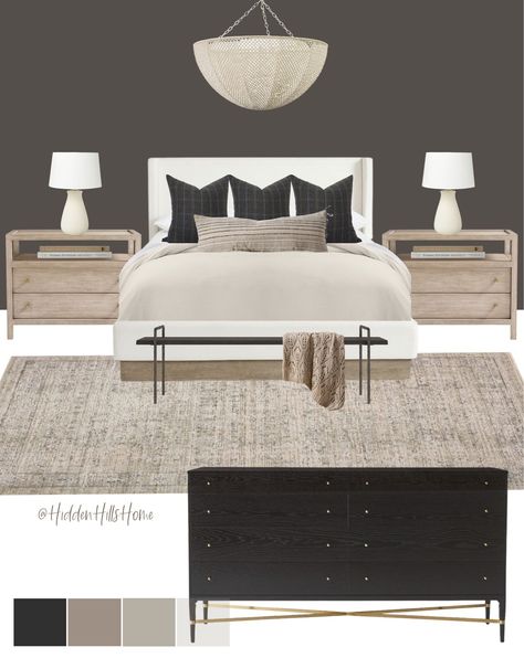 Gray And Black Master Bedrooms Decor, Organic Modern Glam Bedroom, Bedrooms With Upholstered Beds, Earthy Modern Bedroom Aesthetic, Light Gray Upholstered Bed Decor Ideas, Main Bedroom Bedding Ideas, Grey Upholstered Bed Bedroom, Transitional Master Bedrooms Decor, Upholstered Beds Decor