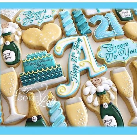 "Cheers and Happy 21st Ashley! #azcookielove #decoratedcookies #royalicing #21 #champagne" Photo taken by @azcookielove on Instagram, pinned via the InstaPin iOS App! http://www.instapinapp.com (02/24/2016) 21 Cookies Decorated, 21st Birthday Cookie Ideas, 30 Birthday Cookies Decorated, 21 Birthday Cookies Decorated, 21st Birthday Royal Icing Cookies, New Years Cookies, 21st Bday Ideas, 21st Party, Crazy Cookies