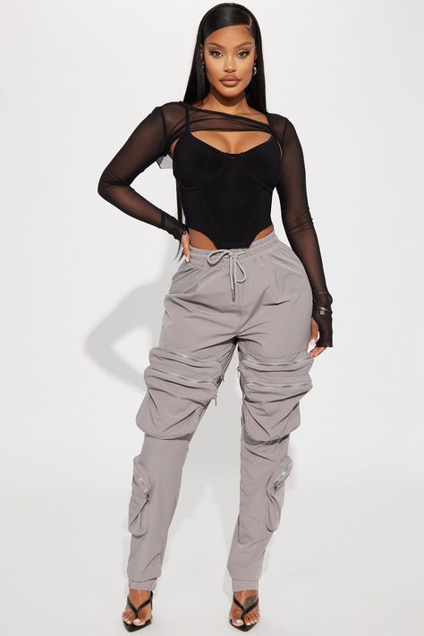 Available In Black And Grey. Cargo Jogger Low Rise Elastic Waistband Utility Pockets Drawstring Nylon Non Stretch 90% Nylon 10% Spandex Imported | Way To Go Nylon Cargo Jogger Pant in Grey size Small by Fashion Nova Cargo Outfits Women, Fashion Nova Outfits, Utility Pockets, Ladies Clothes, Cargo Joggers, Way To Go, Insta Fits, Grey Fashion, Prom Dresses Long