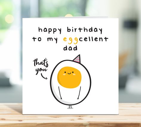 See our full range here: https://www.etsy.com/uk/shop/Twistedhaggis A cute and funny egg pun greetings card for your Dad! Proudly designed and printed in Scotland on high quality, FSC certified, 300gsm smooth board. Your card will be sent inside a Kraft envelope and then packaged in a separate hard-back envelope for extra protection during transit. Card Size: 147mm x 147mm (5.7 x 5.7 inches) approx. CUSTOM MESSAGE PRINTED INSIDE THE CARD If you would like a custom message printed inside the card Sister Birthday Card Funny, Birthday Card For Aunt, Fiance Birthday Card, Happy Birthday Uncle, Birthday Cards For Niece, Birthday Cards For Girlfriend, Grandma Birthday Card, Funny Husband, Happy Birthday Card Funny