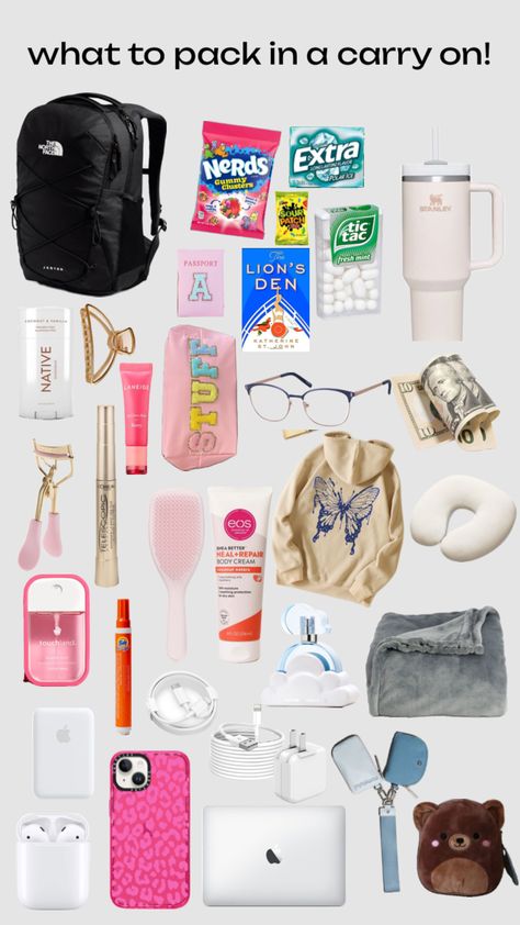 #carryon #carryonbag #travel #travelgirly Trip Essentials Packing Lists, Travel Backpack Essentials, What To Pack For Vacation, Sleepover Essentials, Road Trip Bag, Road Trip Kit, School Emergency Kit, School Backpack Essentials, Preppy School Supplies