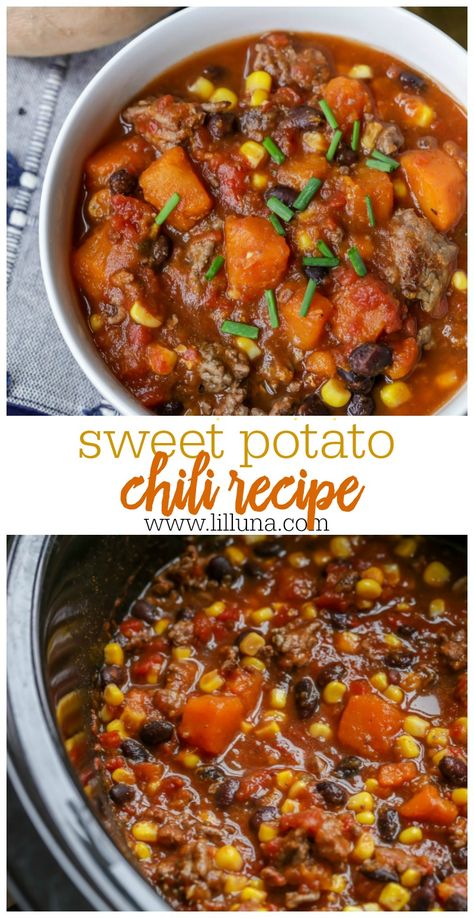 Chili With Sweet Potato And Beef, Crockpot Meals With Sweet Potatoes, Sweet Potato Black Bean Chili Crockpot, Different Chili Recipes, Sweet Potato Chili Crockpot, Potato Chili Recipe, Chili Potato, Sweet Potato Chili Recipe, Chili Stew