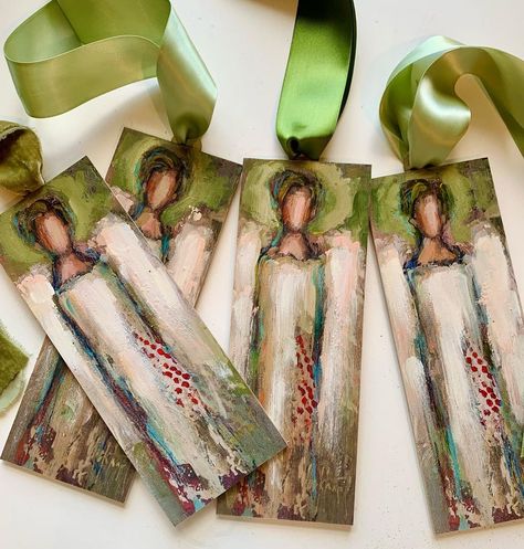 Hand Painted Angels, Hand Painted Angel Ornaments, 4x4 Paintings, Kids Christmas Painting, Gesso Art, Angels Ornaments, Art Auction Projects, Porch Art, Doodle Watercolor