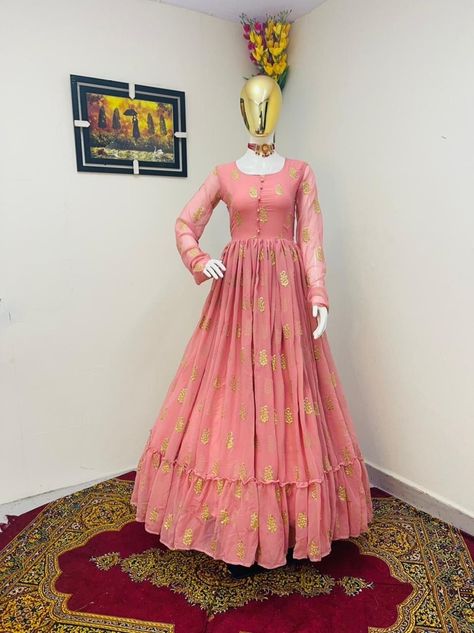 Georgette Frock Suit, Long Gown Dress Indian, Shop Gowns, Indian Anarkali Dresses, Latest Gowns, Frock Models, Frocks And Gowns, Party Wear Gowns, Long Frock Designs