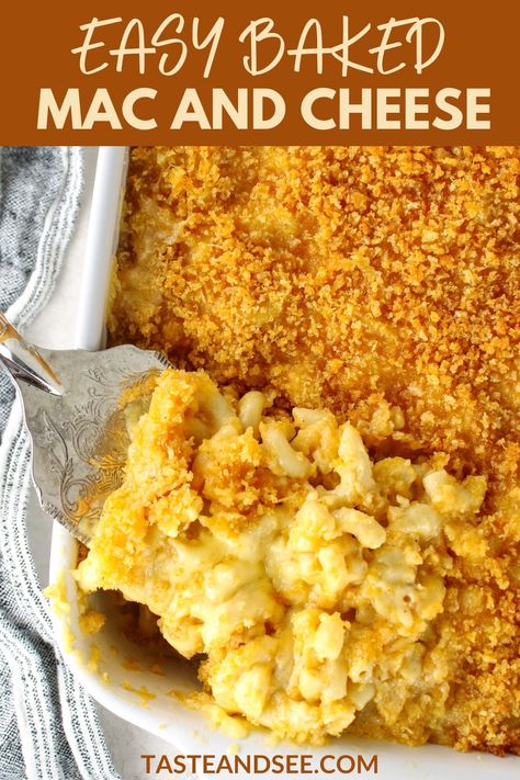 A 9x13 baking dish with baked creamy mac and cheese and a crispy breadcrumb topping. Mac And Cheese Recipe For Thanksgiving, Crispy Baked Mac And Cheese, Mac And Cheese Recipe Breadcrumbs, Thanksgiving Mac And Cheese Baked, What Goes With Mac And Cheese, Baked Mac & Cheese, Mac And Cheese Recipe Thanksgiving, Baked Mac And Cheese Recipe Easy, Bake Mac And Cheese Recipe