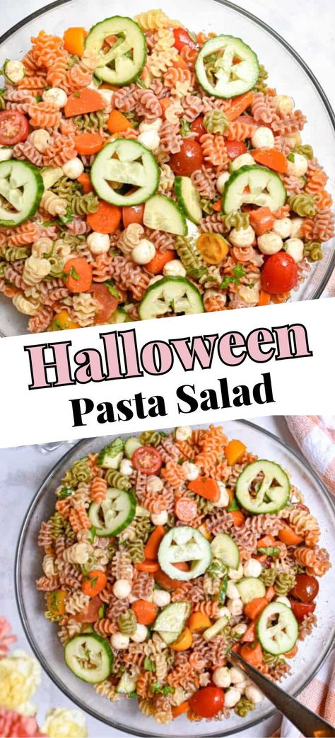 Halloween Macaroni Salad, Halloween Themed Salad, Halloween Shaped Pasta Recipes, Easy Fall Pasta Salad Recipes, Pasta Salad Halloween, Halloween Pasta Bar, Halloween Salad Recipes, Halloween Macaroni And Cheese, Halloween Pasta Salad Ideas