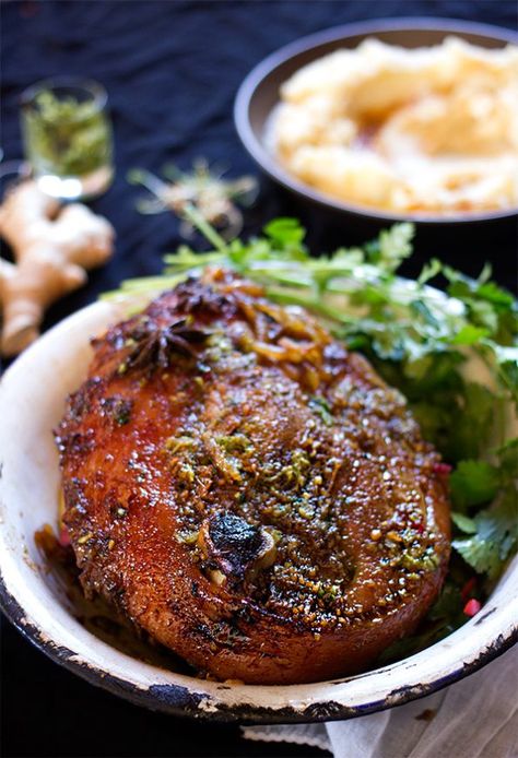 Pork Leg Recipes, Pork Leg Roast, Coriander Pesto, Pork Ideas, Basting Sauce, Pork Leg, Banting Recipes, Ginger Pork, Pork Roast Recipes