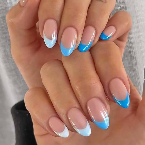 Amazon.com: RikView French Tip Nails Almond Press on Nails Medium Fake Nails Blue Nails Glossy Stick on Nails for Women 24 PCS : Beauty & Personal Care Blue Nails Almond, Blue Gel Nails, Royal Blue Nails, Baby Blue Nails, Nails Glossy, Nagellack Trends, French Tip Nail Designs, Nagel Tips, Simple Gel Nails