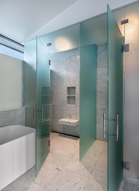 “It has frosted glass and two doors: one to the toilet room, and one to the shower, with a green tint." Zero Entry Shower Ideas, Wall Niches Ideas, Niches Ideas, Plank And Pillow, Wall Niches, How To Lay Tile, Tile Steps, Interior Windows, Shower Niche