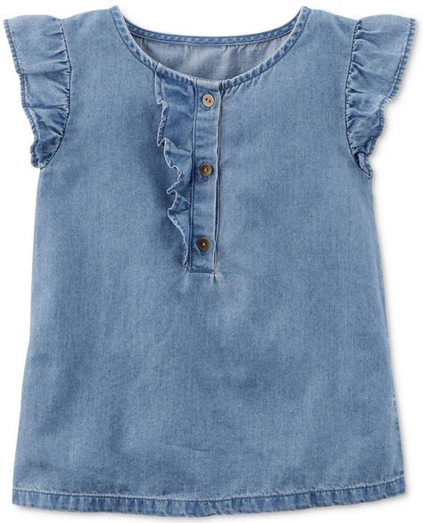 Flutter sleeve denim tab - could pair with cute printed leggings!  Great staple for baby girl's wardrobe #babygirlessentials #babygirloutfits #babydenim #ad Ruffle Denim Top, Toddler Jeans, Baby Jeans, Top Jeans, Baby Dress Design, Toddler Tops, Girl Dress Patterns