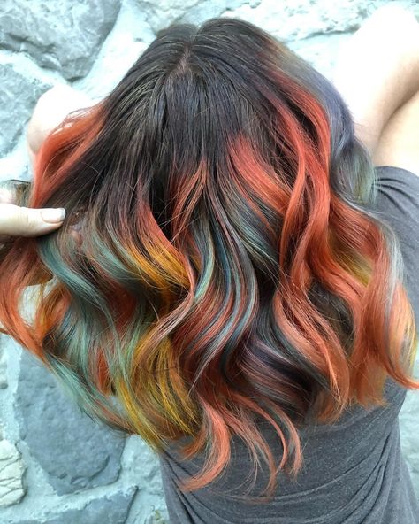 Peekaboo Hair Color On Wavy Hair, Vibrant Peekaboo Hair, Long Vivid Hair, Sunset Hair Color Peek A Boo, Brown Hair With Vivid Peekaboo, Balayage Peekaboo, Fashion Color Hair Peekaboo, Hair Stayl, Art Academia