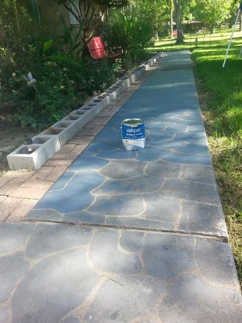 I painted flagstones on my concrete sidewalk. Adds so much to the look of the house. I power sprayed the sidewalk a week ago to remove the stains and moss that… Painted Flagstone, Painted Stepping Stones, Concrete Sidewalk, Concrete Stepping Stones, Flagstone Patio, Stone Walkway, Porch Flooring, Front Patio, Outdoor Paint