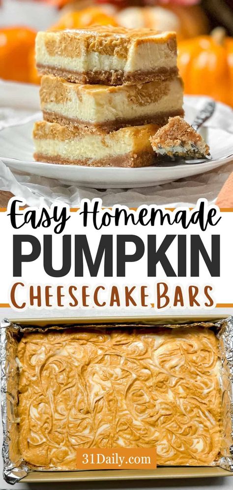 Let's make the ultimate autumn treat: pumpkin cheesecake bars. Creamy, delicious, warmly spiced, and perfect for the holidays or any fall day! Cookeskitchen1 Pumpkin Bars, Pumpkin Cheesecake Squares Bar Recipes, Pumpkin Pie Cheesecake Bars Easy, Pumpkin Cheesecake Streusel Bars, Brownie Bottom Pumpkin Cheesecake, Chewy Pumpkin Bars, Layered Pumpkin Cheesecake Bars, Crescent Roll Pumpkin Cheesecake, Easy Desserts Pumpkin