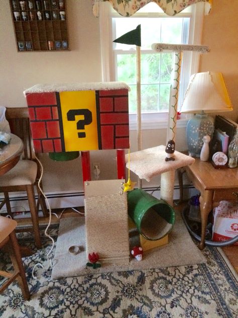 Super Mario cat tree DIY made by my husband and crocheted/painted by me Super Mario Cat, Diy Cat Tower, Hamsters As Pets, Kitten House, Cat Castle, Chat Diy, Cats Diy Projects, Diy Cat Tree, Cat House Diy