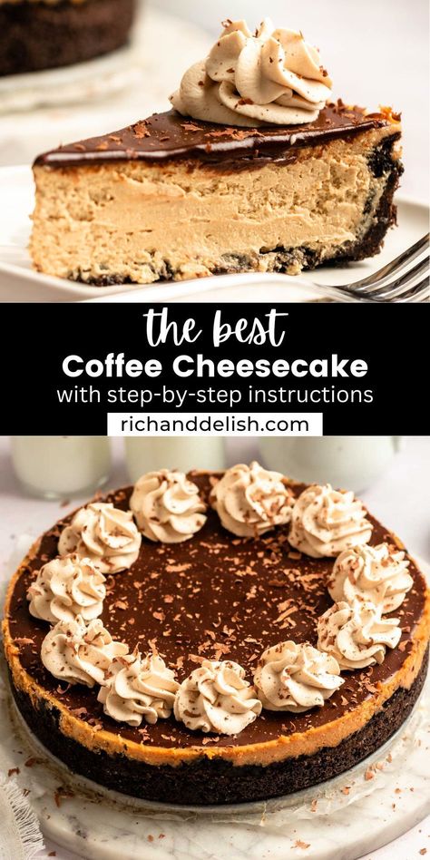 This coffee cheesecake is made with an Oreo crust, filled with coffee cheesecake filling, topped with chocolate ganache, and coffee whipped cream. Chocolate Amaretto Cheesecake, Mini Coffee Cheesecakes, Coffee Cheesecake Recipes, Espresso Cheesecake, Fall Cheesecake, Coffee Whipped Cream, Holiday Recipes Christmas Desserts, Cappuccino Cheesecake, Coffee Cheesecake