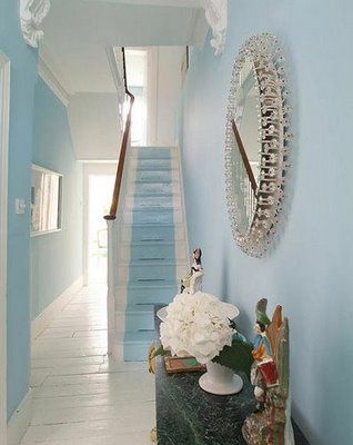 Light blue hall walls and stairs show guests a welcoming side to your house and allow you to add colour without taking away light from a space that often has limited natural light Light Blue Hallway Walls, Duck Egg Hallway Ideas, Farrow And Ball Light Blue Hallway, Light Blue Staircase, Pale Blue Hallway, Duck Egg Blue Hallway And Stairs, Entryway Paint, Sofa Workshop, Blue Hallway