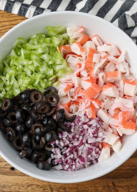 ingredients for crab salad in a bowl Salad In A Bowl, Mayonnaise Dressing, Crab Salad, Black Olives, Lettuce Wraps, Mayonnaise, A Bowl, Lettuce, Crackers