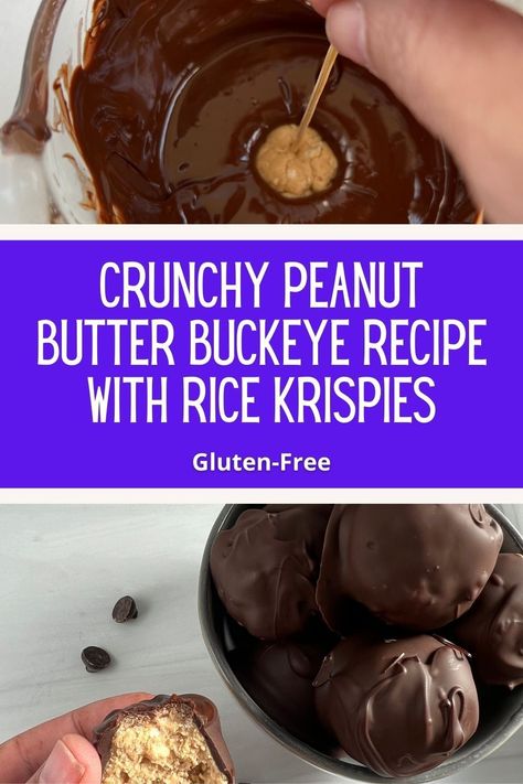 This Crunchy Peanut Butter Buckeye Recipe with Rice Krispies has the flavor of peanut butter and chocolate with a deliciously satisfying crunch. These crispy buckeyes are a pop-in-your-mouth treat that no one can refuse. Easy to make and perfect for those days you need a chocolate fix. Buckeyes With Rice Krispies, Buckeyes Recipe With Rice Krispies, Recipe With Rice Krispies, Chocolate Peppermint Bark Recipe, Buckeye Recipe, Recipe With Rice, Rice Krispies Recipe, Peanut Butter Buckeyes, Peanut Butter Rice Krispies