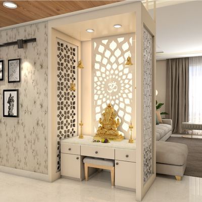 Temple Design In Dining Room, New Style Mandir Design, Mandir Ghar Design, Mandir Hall Design, Temple Design For Home With Sitting, Hall Pooja Room Design, Temple Living Room, Home Pooja Mandir, Pooja Room Latest Design