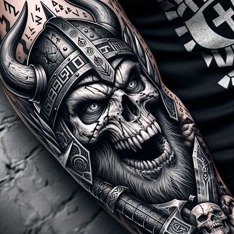 Viking Skull Tattoo Design, Skull Warrior Tattoo, Viking Skull Tattoo, Viking Warrior Tattoos, Skulls Tattoo, Viking Tattoo Sleeve, Spartan Tattoo, Viking Skull, Skull Sleeve Tattoos