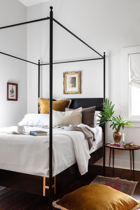 Maker Monday: An ASPIRE Exclusive Interview With Alex Geriner French Canopy Bed, Attic Flat, Metal Canopy Bed, Shotgun House, Wooden Floors, Dreamy Bedrooms, Design District, Guest Bedrooms, Bed Styling