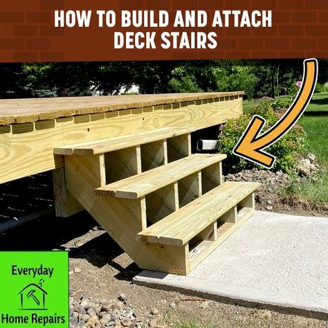 Everyday Home Repairs - How To Build (And Attach!) Deck Stairs How To Build Deck Stairs, Stair Calculator, Deck Stair Stringer, Diy Stairs Outdoor, Renovate Kitchen, Stair Building, Stairs Outdoor, Deck Stair Railing, Deck Building Plans