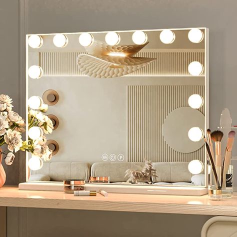 Make Up Light Mirror, Light Bulb Mirror Bedrooms, Wall Mirror For Vanity, Vanity Light Bulbs Mirror, Mirror For Makeup Vanity, Hollywood Light Up Mirror, Big Light Up Mirror, Dimmable Vanity Light, Light Bulb Vanity