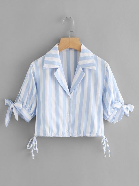 Knot Detail Striped Shirt -SheIn(Sheinside) Korean Tops Design, Knot On Shirt, Kemeja Korean Style, Scandinavian Clothing, Striped Shirt Women, Cotton Kurti Designs, Cotton Crop Top, Everyday Fashion Outfits, Classy Casual Outfits