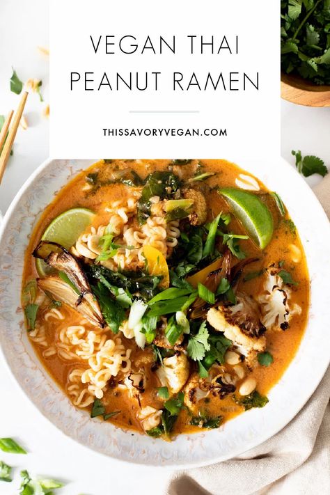 This Vegan Thai Peanut Ramen is packed with flavor and loaded up with noodles, crispy cauliflower, roasted shallots and tons of fresh toppings | ThisSavoryVegan.com #thissavoryvegan #veganramen #thairamen Dinner Pescatarian, Vegan Nibbles, Thai Peanut Ramen, Peanut Ramen, Cauliflower Roasted, Vegan Cauliflower Recipes, Roasted Shallots, Crispy Cauliflower, Vegan Ramen