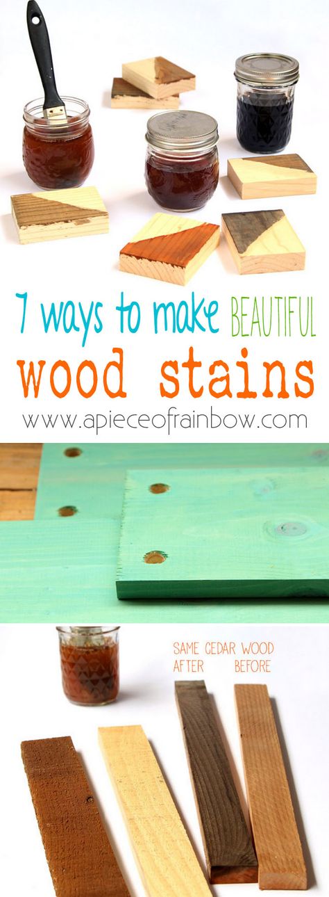 7 ways to make wood stain from natural household materials! These quick and easy wood stains are super effective, long lasting, low cost, and non-toxic! - A Piece Of Rainbow Age Wood, Wood Staining, Diy Wood Stain, Stain Wood, Diy Regal, Wood Finishing, Diy Ombre, Wood Stains, Easy Wood