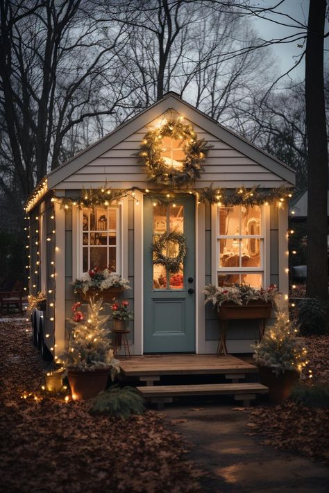 Christmas Shed Decor, Tiny House Christmas Decor, Christmas She Shed, Christmas Shed, Christmas Greenhouse, Christmas Grotto, Starry Ceiling, Cozy Christmas Living Room, Affordable Christmas Decorations