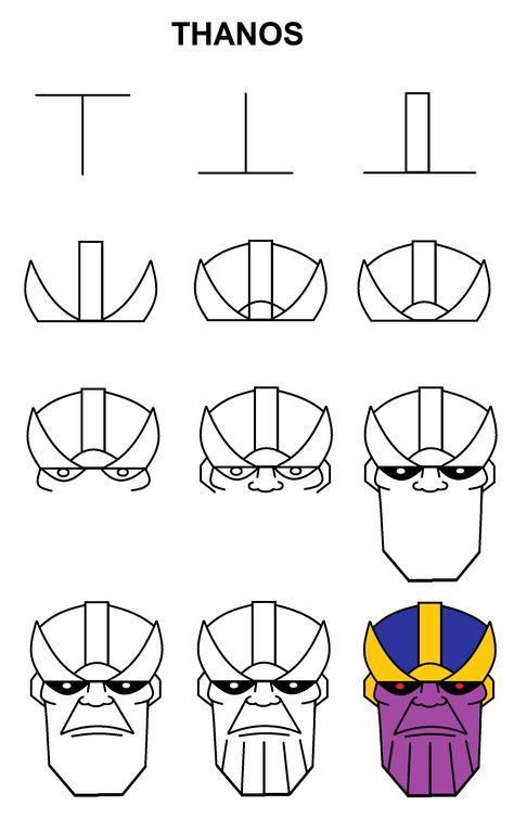 How To Draw Thanos, Thanos Drawing, Iron Man Drawing, Marvel Art Drawings, Avengers Drawings, The Letter T, Drawing Superheroes, Spiderman Drawing, Easy Cartoon Drawings