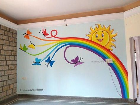 Wall Paint Designs For Preschool, Kg Classroom Wall Painting, Lkg Class Wall Painting, Painting Ideas For School Walls, Kindergarden Wall Painting Ideas, Wall Painting School Art Ideas, Office Murals Workspaces, Art Classroom Wall Painting, Wall Paint Rainbow