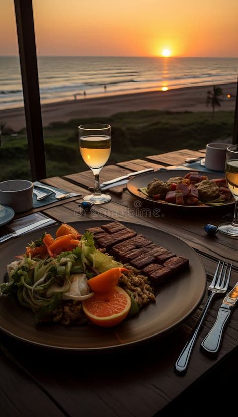 Fine dining with a view of the beach and the sunset in the background. stock photography Beach Side Restaurant, Restaurant Salad, Salad Vegetables, Fancy Glasses, Restaurant Dinner, Restaurant Photography, Beach Side, Background Photo, Beach View