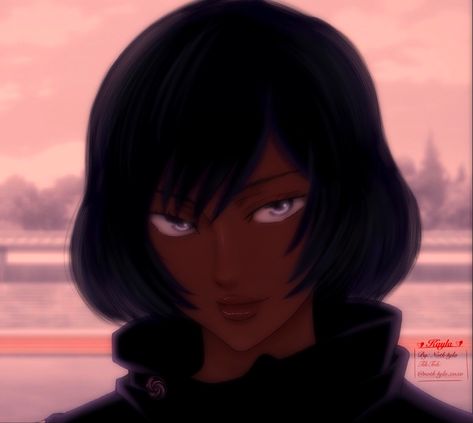 Brown Skin Pfp Anime, Anime Dark Skin Woman, Dark Skin Anime Characters, Brown Skinned Anime Characters, Dark Skinned Female Character Art, Animated Pfp, Female Ocs, Blasian Edits, Noir Art