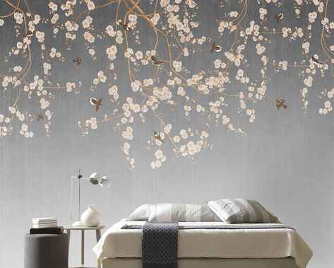 Illustration With Branches and Birds on Gray Background. | Etsy Plum Wallpaper, Chinoiserie Wallpaper, Japanese Wall, Standard Wallpaper, Floral Wall Decor, Grey Wallpaper, Textured Wall, Prepasted Wallpaper, Wallpapers Vintage