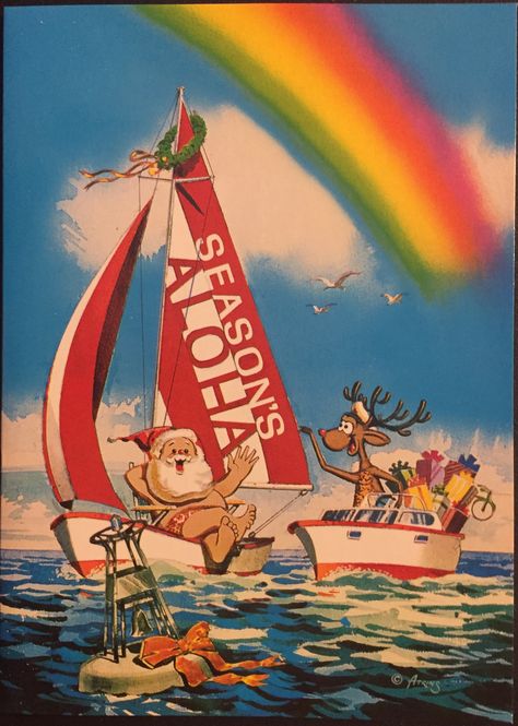 Vintage Hawaiian Christmas card. Bernard Atkins. Great Creations, Honolulu, Hawaii. Sailboat. Rainbow. Hawaii December, Hawaiian Christmas Party, Christmas In Hawaii, Aloha Christmas, Vintage Hawaiian Christmas, Beach Christmas Pictures, Merry Christmas In Hawaiian, Vintage Hawaii Illustration, Hawaii Christmas