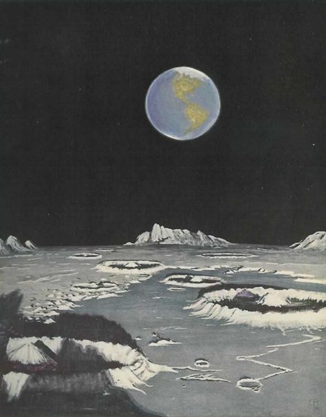 Earth and Moon, illustrated by Charles Bittinger in a July 1939 edition of National Geographic. (Chris Wondra) Earth Illustration Art, Moon Layout, Earth From The Moon, Earth From Moon, Moon Craters, Moon Buggy, Moon And Earth, Mars Planet, Moon Landscape